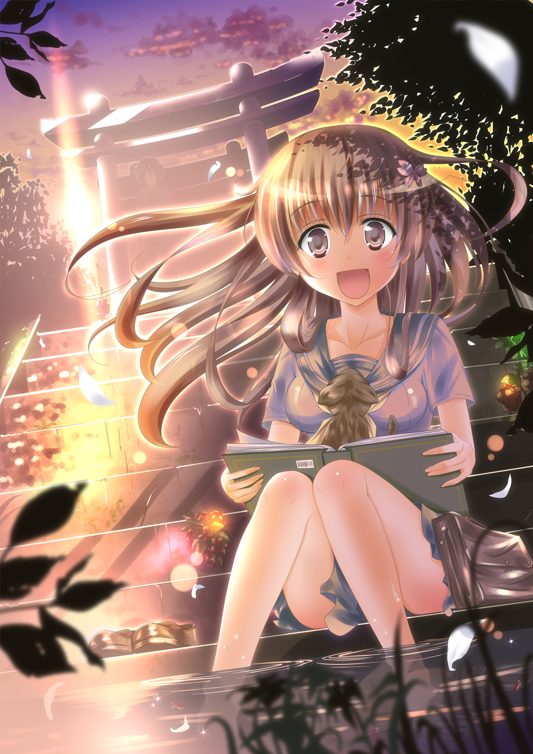book brown_eyes brown_hair cat happy highres legs long_hair original quin_(himegata_alice) shoes_removed sitting sitting_on_stairs soaking_feet solo stairs water