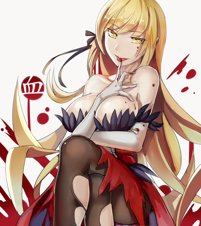 bare_shoulders black_legwear blonde_hair blood breasts cleavage crossed_legs dress elbow_gloves gloves hair_ribbon kiss-shot_acerola-orion_heart-under-blade large_breasts long_hair looking_at_viewer monogatari_(series) pantyhose ribbon sitting solo torn_clothes torn_legwear walzrj white_gloves yellow_eyes