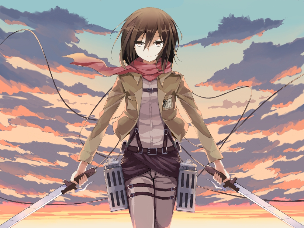 belt brown_eyes brown_hair cloud dual_wielding emblem holding insignia jacket mikasa_ackerman paradis_military_uniform scarf shingeki_no_kyojin sky solo survey_corps_(emblem) sword thigh_strap three-dimensional_maneuver_gear utsuame weapon