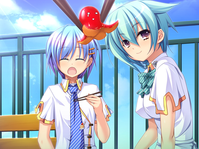 1boy 1girl blue_hair bura_bura hair_clip hair_ornament hairclip minaguchi_hitomi purple_eyes