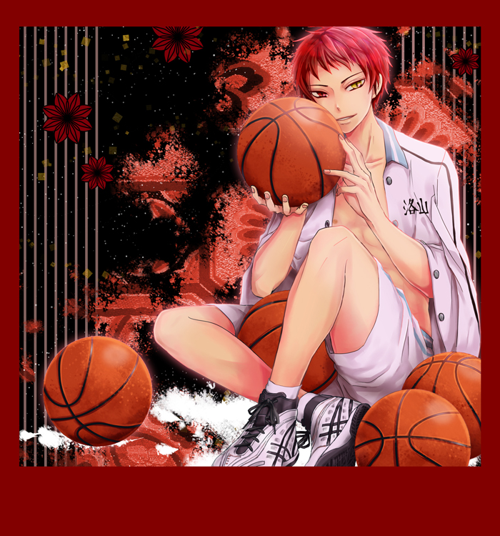 1boy akashi_seijuurou basketball basketball_uniform kuroko_no_basuke male male_focus red_eyes red_hair shoes sitting sneakers solo sportswear
