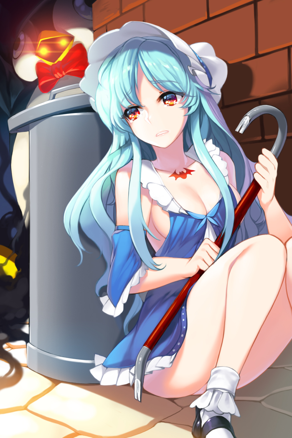 bird blue_hair bonnet breasts cleavage crescent_nazo crowbar highres large_breasts long_hair penguin red_hair snowball22 solo sword_girls tears