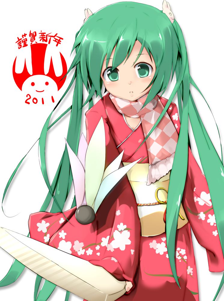 2011 blush bunny green_eyes green_hair hatsune_miku japanese_clothes kimono long_hair looking_at_viewer naka scarf simple_background solo twintails vocaloid white_background