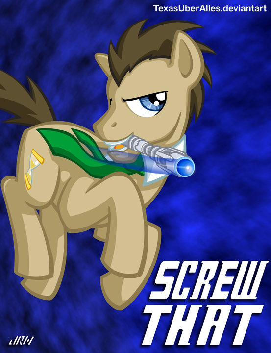 beige_skin blue_background blue_eyes brown_hair cutie_mark derpy_hooves_(mlp) digital_media_(art) doctor_whooves_(mlp) english_text equine feral flying friendship_is_magic full-length_portrait fur glowing hair horse humor looking_at_viewer looking_away male mammal midair mohawk mouth_hold my_little_pony necktie open_mouth orange_tongue plain_background pointy_ears pony pun quadruped shirt_collar side_view smile solo sonic_screwdriver teeth texasuberalles text tongue