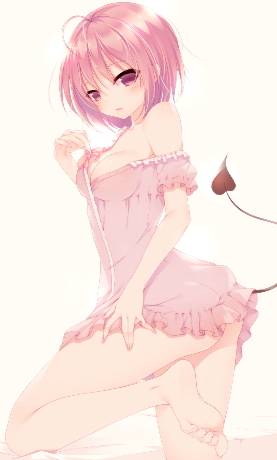 ass bad_id bad_pixiv_id bare_shoulders barefoot blush breasts cleavage demon_tail feet highres lingerie looking_at_viewer medium_breasts momo_velia_deviluke negligee open_mouth pink_hair purple_eyes shokuyou_mogura short_hair solo strap_slip tail to_love-ru underwear