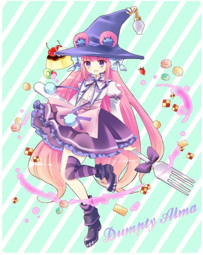 boots character_name cherry cookie dress dumpty_alma emil_chronicle_online food fork fruit hat hoshino kiwifruit long_hair looking_at_viewer pink_hair pudding purple_eyes puzzle_&amp;_dragons solo striped striped_legwear thighhighs very_long_hair witch_hat