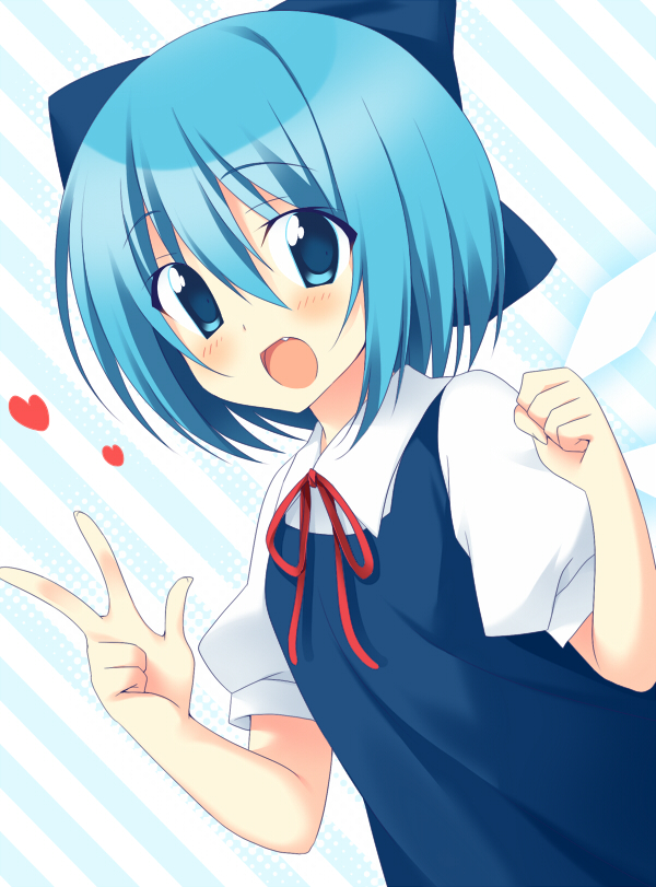 bad_id bad_pixiv_id blue_eyes blue_hair blush cirno fang hair_ribbon heart ice ice_wings oniku_(shimofuri-ke) ribbon short_hair solo touhou wings