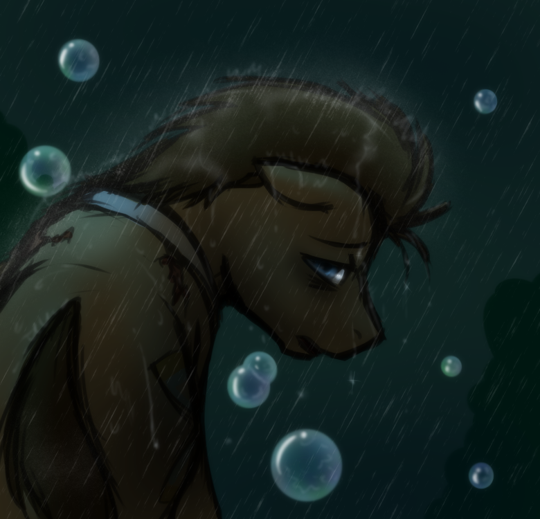 blue_eyes brown_fur brown_hair bubble bubbles doctor_whooves_(mlp) equine feral friendship_is_magic fur hair horse looking_back male mammal my_little_pony pony rain sad solo water wet
