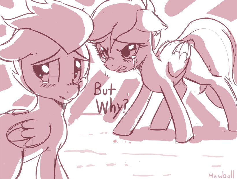 crying dialog duo english_text equine female feral friendship_is_magic hair horse looking_away male mammal mewball monochrome my_little_pony pegasus pony rumble_(mlp) scootaloo_(mlp) standing tears text wings