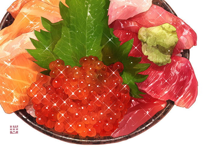 ikura_(food) momiji_mao no_humans original realistic rice roe salmon sashimi simple_background sparkle still_life tuna wasabi white_background