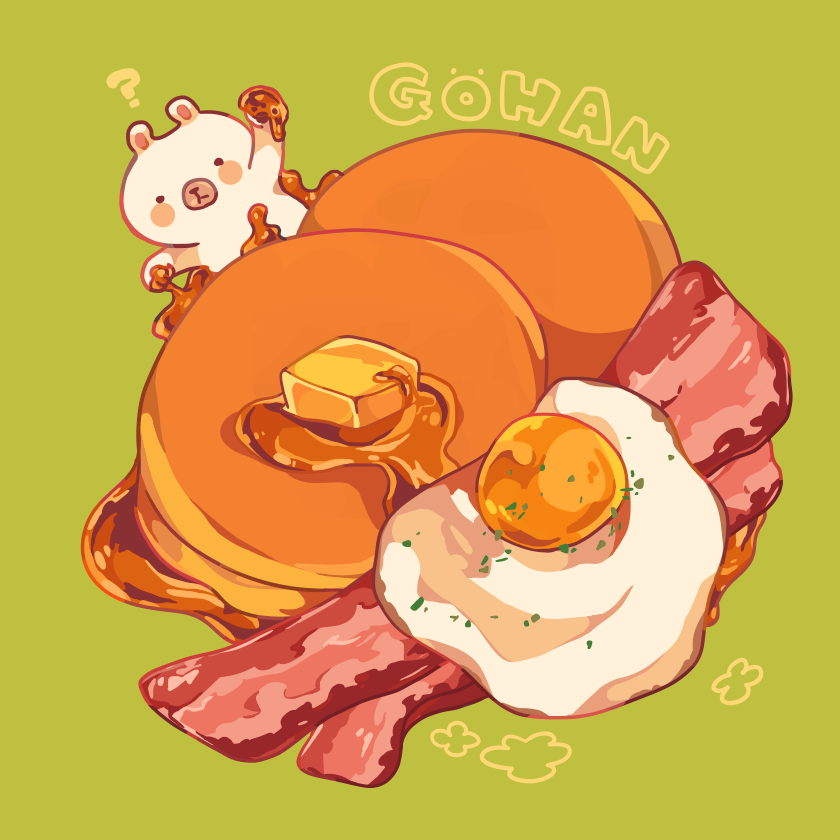 bacon bear breakfast butter egg food green_background meat mop mop_(shirokumaiceumaiyo) no_humans original pancake romaji sunny_side_up_egg syrup