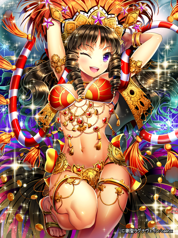 ;d anklet armlet arms_behind_head bad_id bad_pixiv_id body_jewelry bracelet brown_hair copyright_name dancer drill_hair ells gold headdress jewelry long_hair navel navel_piercing one_eye_closed open_mouth original piercing purple_eyes sandals smile solo sousei_ragnavein sparkle vest watermark