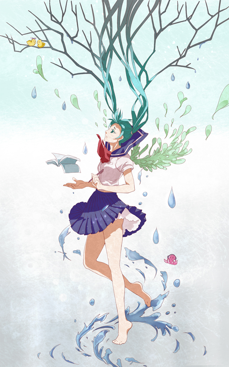 barefoot book floating_hair hatsune_miku highres long_hair school_uniform serafuku skirt solo tree twintails very_long_hair vocaloid water