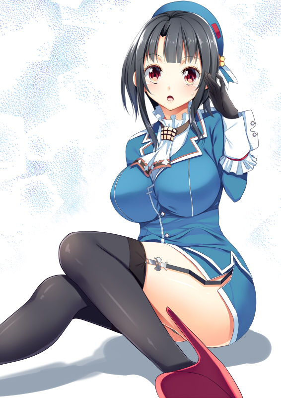 :o bad_id bad_pixiv_id black_gloves black_hair black_legwear blush breasts garter_straps gloves hat kantai_collection large_breasts looking_at_viewer military military_uniform open_mouth red_eyes short_hair solo takao_(kantai_collection) thighhighs uniform yappen