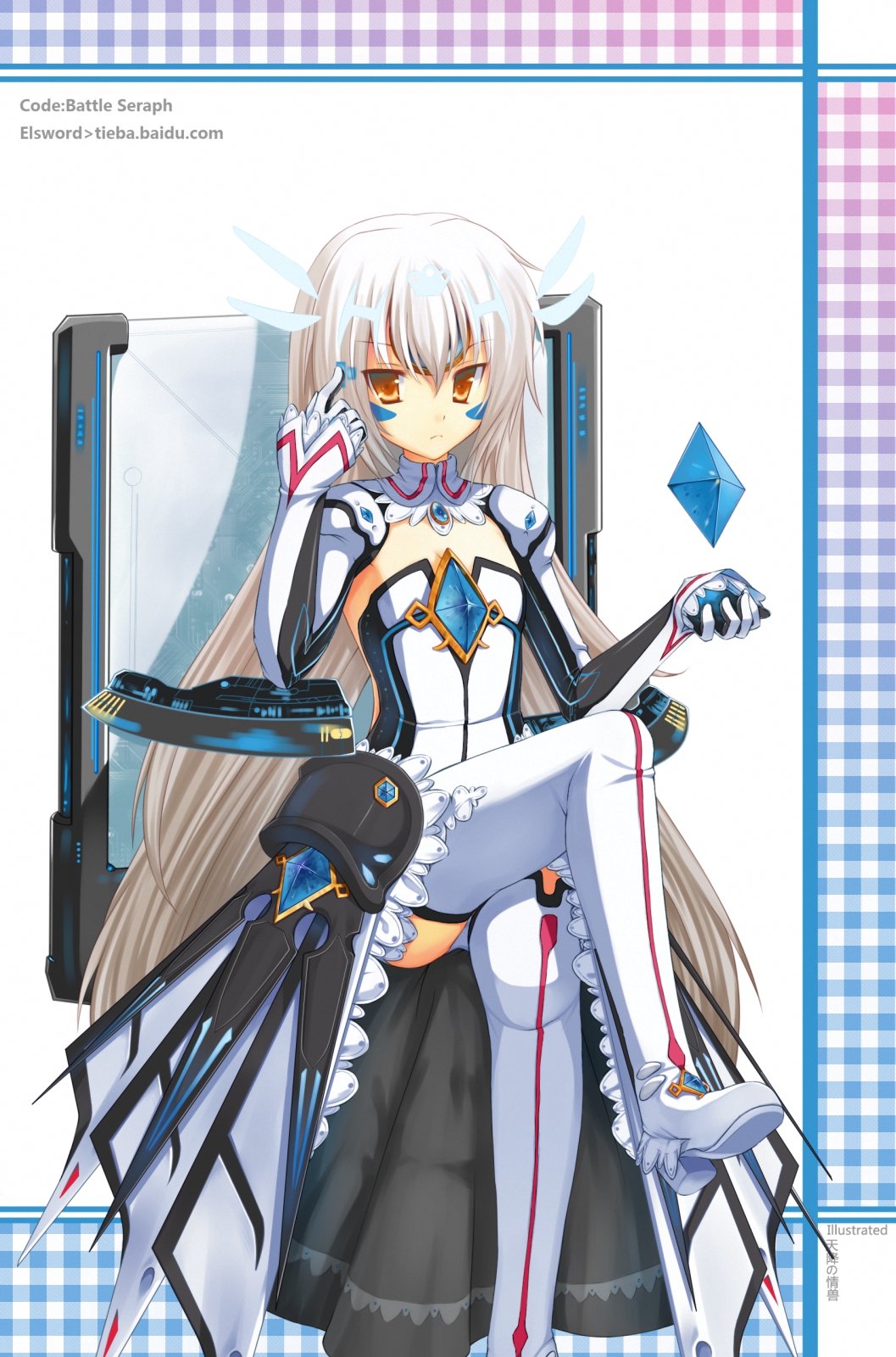 arekos boots code:_battle_seraph_(elsword) crossed_legs elsword eve_(elsword) facial_mark flat_chest gem highres sitting solo thigh_boots thighhighs white_hair yellow_eyes