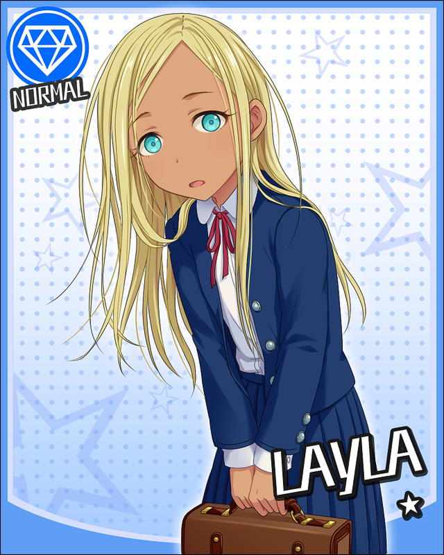 :o aqua_eyes artist_request bag bangs blazer blonde_hair blue_background border buttons card_(medium) character_name cowboy_shot dark_skin diamond_(symbol) flat_chest from_side gradient gradient_background holding idolmaster idolmaster_cinderella_girls jacket layla_(idolmaster) leaning_forward long_hair long_sleeves looking_at_viewer neck_ribbon official_art open_clothes outline pleated_skirt polka_dot polka_dot_background ribbon school_bag school_uniform shirt skirt solo standing star swept_bangs v_arms