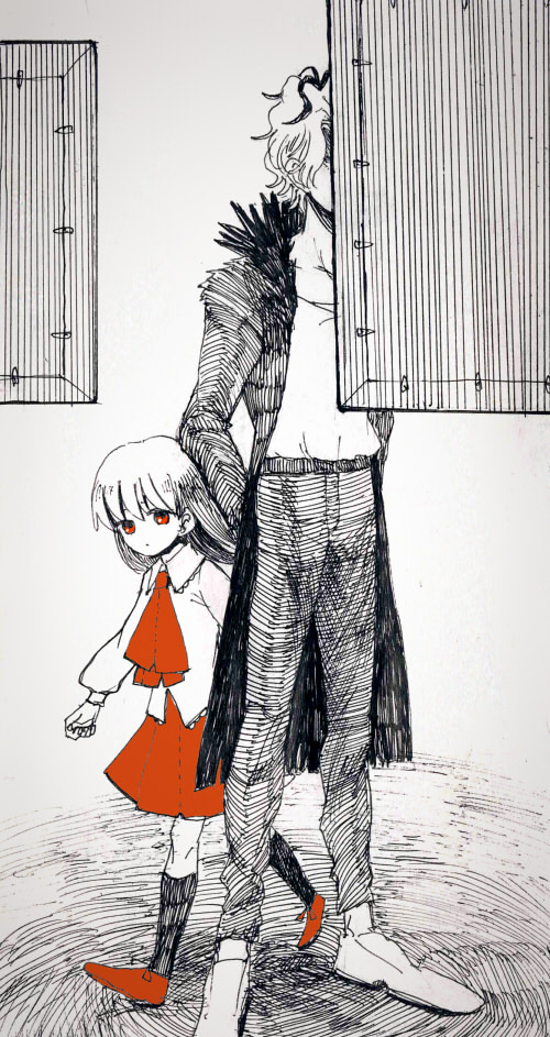 1girl ascot dora_(risunofuko12) full_body garry_(ib) grey_background ib ib_(ib) long_sleeves monochrome open_clothes open_shirt painting_(object) red_footwear red_skirt shirt shoes simple_background skirt spot_color walking