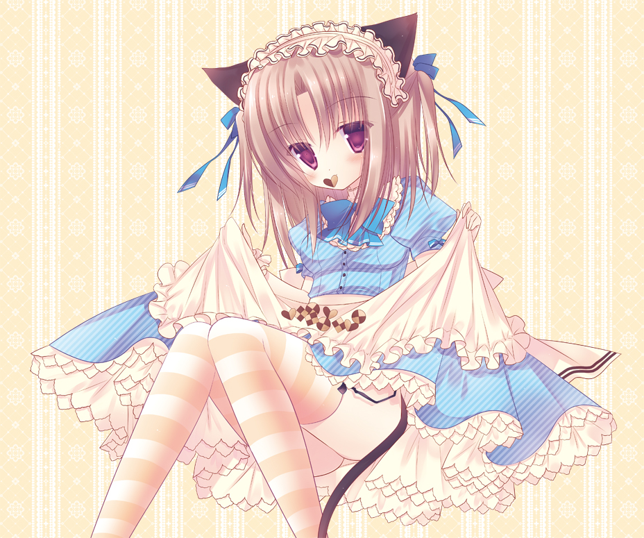 animal_ears brown_hair cat_ears cat_tail checkerboard_cookie cookie dress food hair_ribbon hairband lolita_fashion lolita_hairband mouth_hold original purple_eyes ribbon skirt_basket solo striped striped_legwear sumii tail thighhighs two_side_up