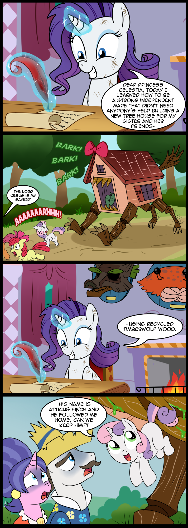 apple_bloom_(mlp) arthropod blue_eyes bow clothing comic crab crustacean cub cutie_mark_crusaders_(mlp) dialog english_text equine facial_hair fangs female feral fire fireplace flames friendship_is_magic fur green_eyes group hair hat horn horse long_hair madmax magnum_(mlp) male mammal marine mustache my_little_pony open_mouth outside pearl_(mlp) pegasus pony purple_hair quill rave-ix red_hair scootaloo_(mlp) scroll shirt slime smile sweetie_belle_(mlp) teeth text timberwolf_(mlp) tongue tree tree_house two_tone_hair unicorn white_fur wings wood young