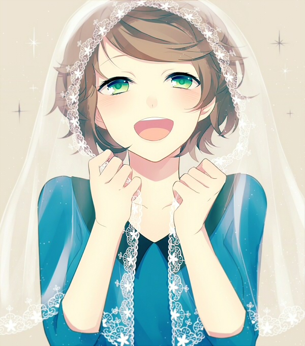 achiki bad_id bad_pixiv_id blush brown_hair green_eyes happy open_mouth original short_hair smile solo sparkle veil