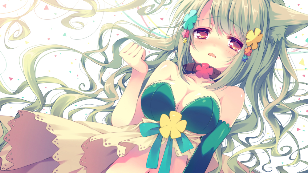 animal_ears bare_shoulders blush breasts clenched_hand collar elbow_gloves fang gloves green_hair hair_ornament hair_spread_out large_breasts long_hair lying navel on_back original red_eyes reia single_glove solo tears very_long_hair yumeko_(reia)