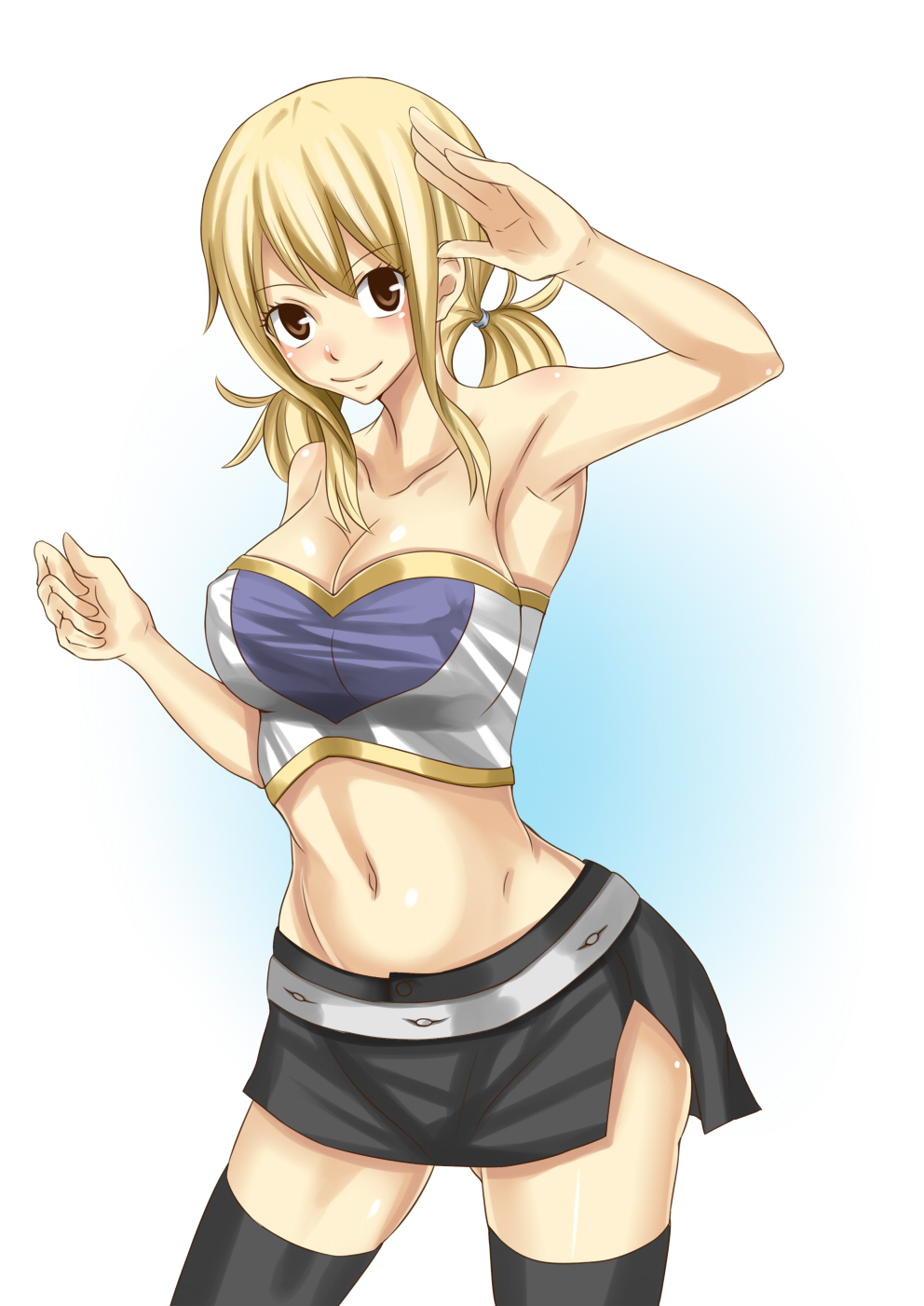 1girl blonde_hair breasts fairy_tail large_breasts lucy_heartfilia midriff smile solo sora_(pixiv1106014)
