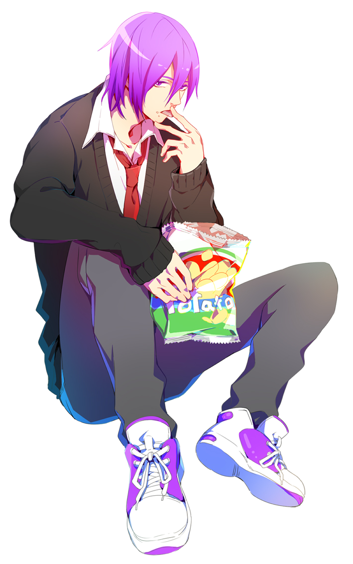 1boy chips food kuroko_no_basuke licking male male_focus murasakibara_atsushi purple_eyes purple_hair school_uniform shoes sitting sneakers solo