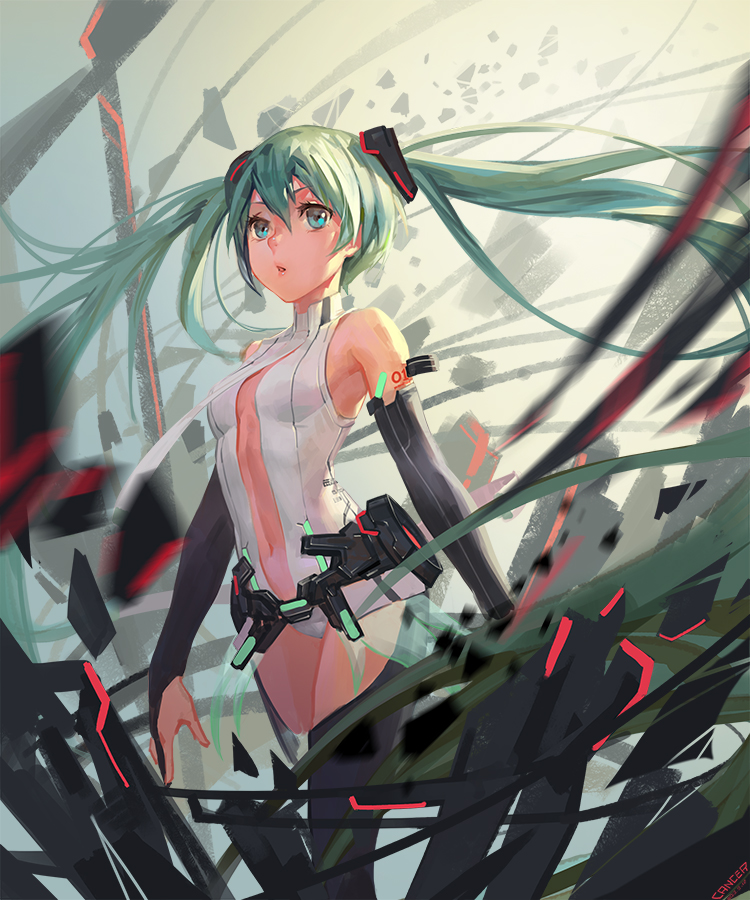 bridal_gauntlets cancer_(zjcconan) center_opening floating_hair green_eyes green_hair hatsune_miku hatsune_miku_(append) long_hair navel necktie solo thighhighs twintails very_long_hair vocaloid vocaloid_append