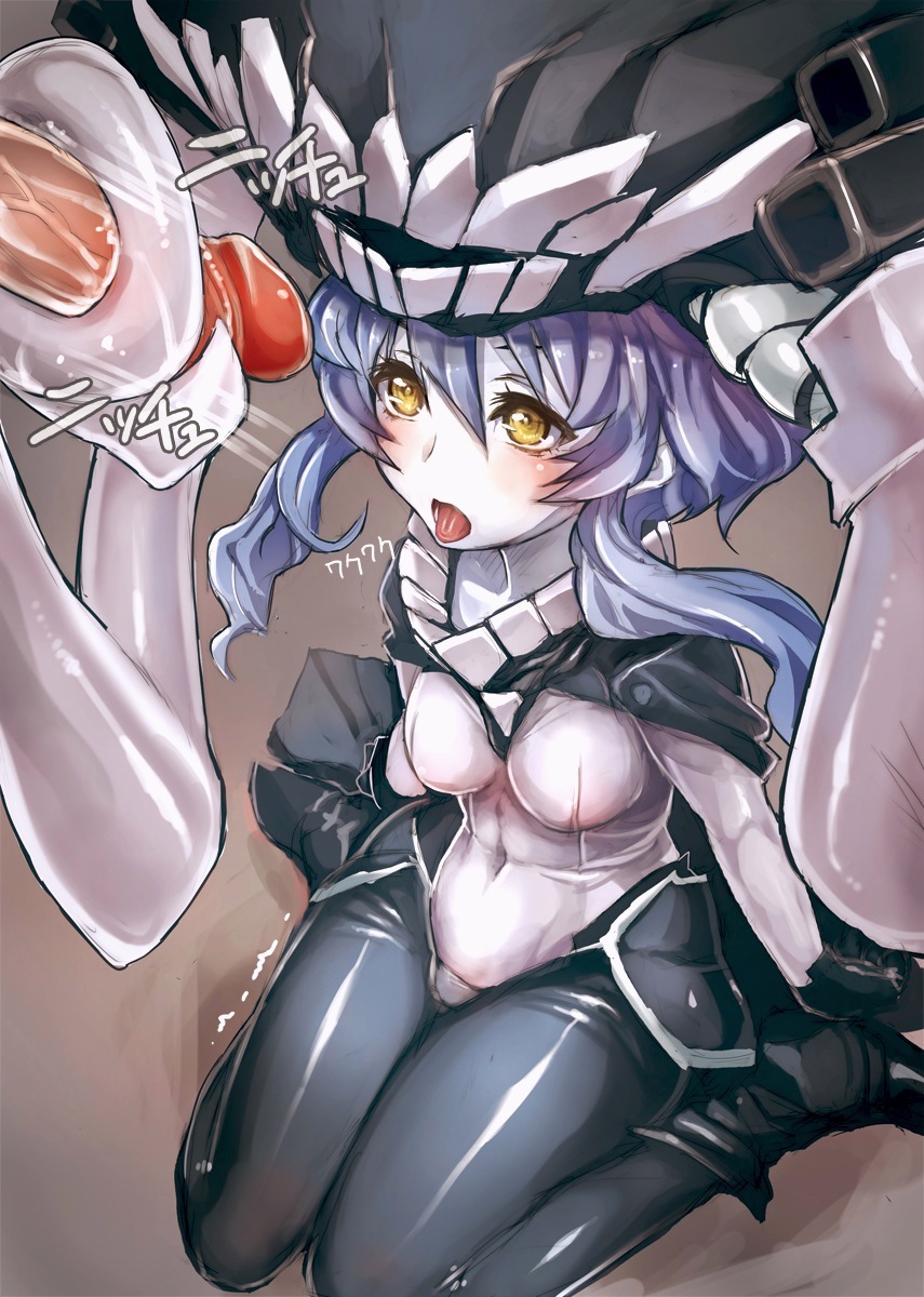 1girl bangs blush bodysuit breasts cape covered_navel gloves hair_between_eyes hetero highres kantai_collection kneeling long_hair medium_breasts monster open_mouth pale_skin penis shinkaisei-kan silver_hair taishi_(picchiridou) tentacle_job tongue tongue_out wo-class_aircraft_carrier yellow_eyes