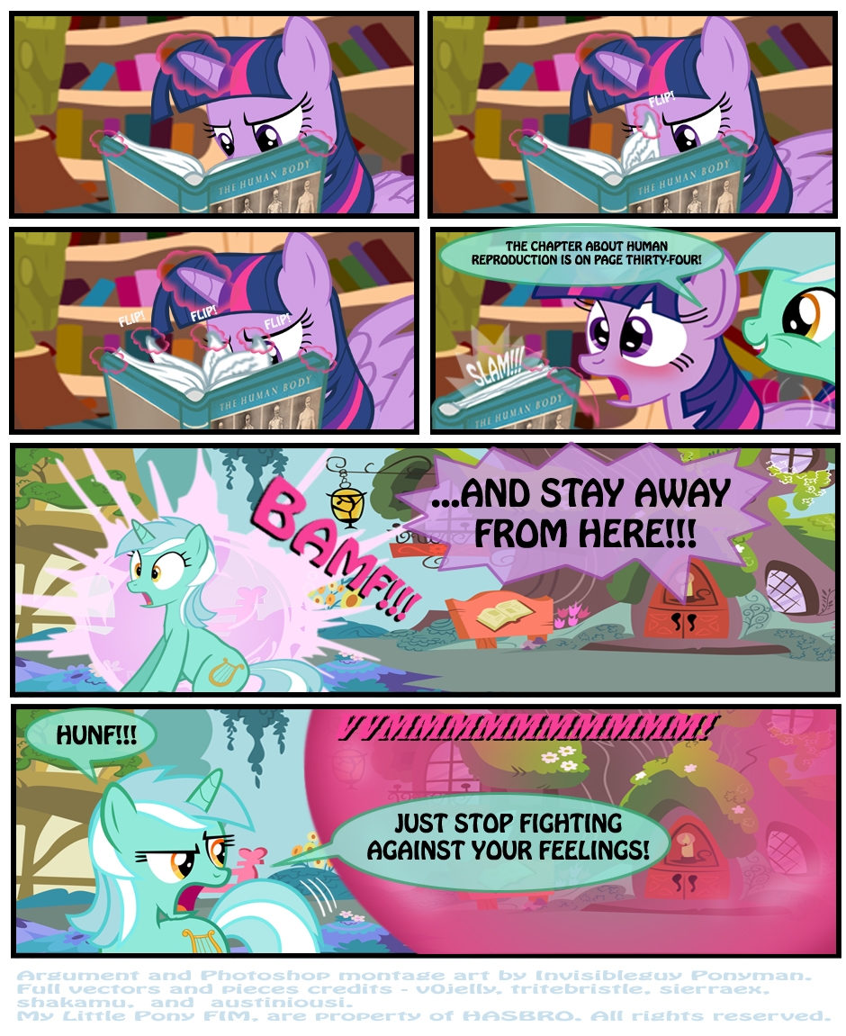 blush book building comic cutie_mark dialog duo english_text equine female feral force_field friendship_is_magic frown fur glowing green_fur hair horn horse human humor inside invisibleguy-ponyman long_hair looking_back lyra_(mlp) lyra_heartstrings_(mlp) magic mammal multi-colored_hair my_little_pony open_mouth outside pony purple_eyes purple_hair sky smile teeth teleport text tongue tree twilight_sparkle_(mlp) two_tone_hair unicorn winged_unicorn wings yellow_eyes