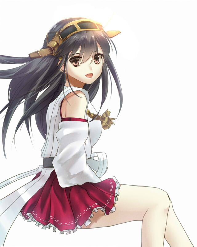 bare_shoulders black_hair blush brown_eyes detached_sleeves eko hairband haruna_(kantai_collection) japanese_clothes kantai_collection long_hair looking_at_viewer open_mouth skirt smile solo