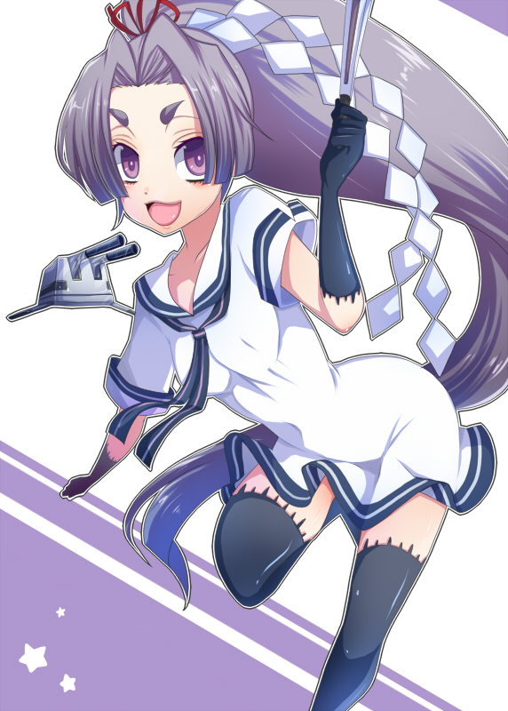 bad_id bad_pixiv_id closed_fan dress eyebrows fan folding_fan gloves hair_ribbon hatsuharu_(kantai_collection) kantai_collection long_hair looking_at_viewer open_mouth ponytail purple_eyes purple_hair ribbon sailor_dress short_eyebrows smile solo thick_eyebrows thighhighs utani_(punishment) very_long_hair