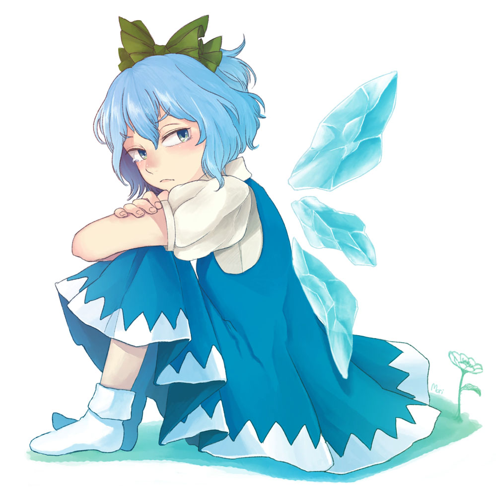 ankle_socks blue_eyes blue_hair cirno dress fingernails flower frown hair_ribbon knees_to_chest knees_up leg_hug looking_away looking_back moriya_01 no_shoes puffy_short_sleeves puffy_sleeves ribbon short_hair short_sleeves simple_background sitting solo tears touhou white_background wings