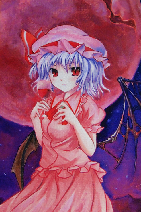 acrylic_paint_(medium) ascot asymmetrical_wings bat bat_wings blue_hair cup drinking_glass expressionless full_moon hand_on_own_chest hat hat_ribbon kakuho looking_at_viewer mob_cap moon night night_sky oil_painting_(medium) red_eyes red_moon remilia_scarlet ribbon short_hair skirt skirt_set sky slit_pupils solo touhou traditional_media wine_glass wings