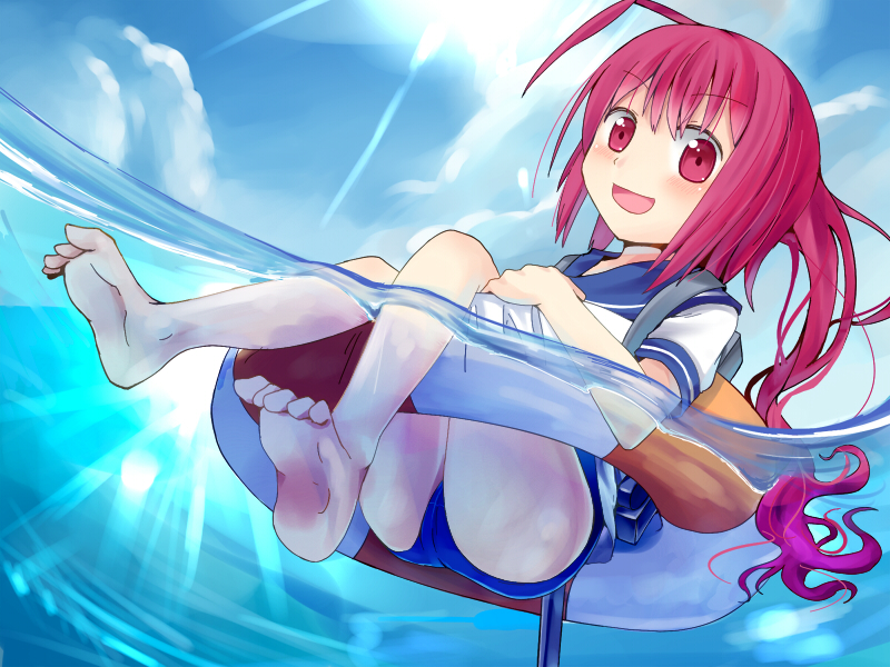 ass barefoot blush hair_ribbon i-168_(kantai_collection) innertube kantai_collection long_hair looking_at_viewer meriibe one-piece_swimsuit open_mouth partially_submerged ponytail red_eyes red_hair ribbon school_swimsuit school_uniform serafuku smile solo swimsuit swimsuit_under_clothes water
