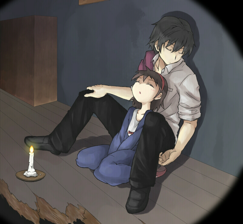 1boy 1girl between_legs black_hair brown_hair candle corpse_party hairband hallway jacket_over_shoulder kizami_yuuya mochida_yuka school_dress school_uniform short_hair sitting sleeping