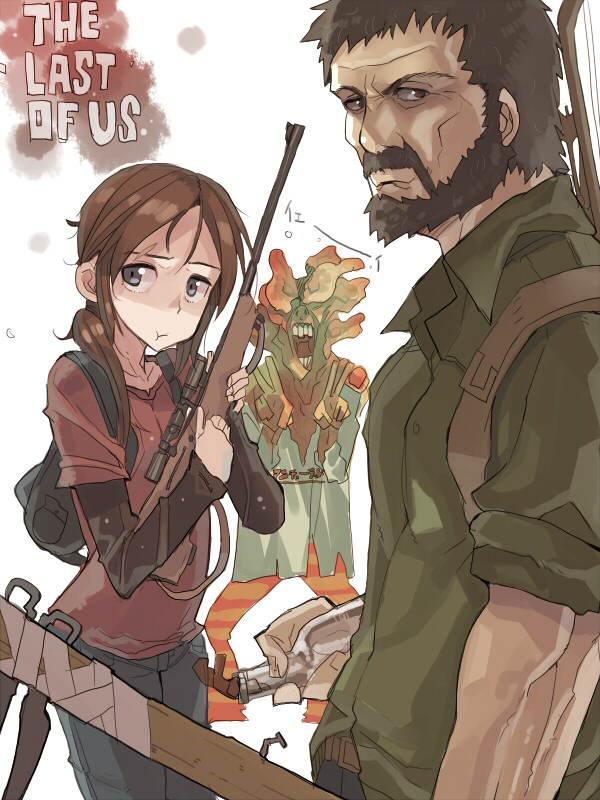 1girl :t bad_id bad_pixiv_id beard brown_hair clicker_(the_last_of_us) copyright_name double_v ellie_(the_last_of_us) facial_hair gun joel_(the_last_of_us) long_sleeves molotov_cocktail open_mouth osuman_toruko rifle shirt short_over_long_sleeves short_sleeves t-shirt the_last_of_us v weapon