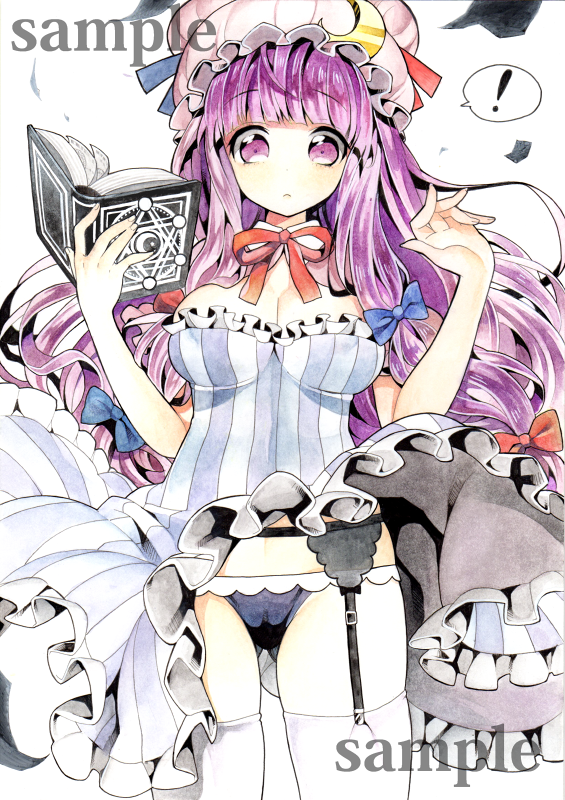 1girl bangs blue_bow blue_panties blunt_bangs book bow breasts cleavage cowboy_shot crescent dress dress_lift frown garter_belt hair_bow hat large_breasts long_hair looking_at_viewer mugicha_(mugicha0929) panties pantyshot pantyshot_(standing) patchouli_knowledge purple_eyes purple_hair red_bow red_ribbon ribbon sample simple_series solo speech_bubble spoken_exclamation_mark standing striped striped_dress thighhighs touhou underwear vertical_stripes white_legwear wind wind_lift