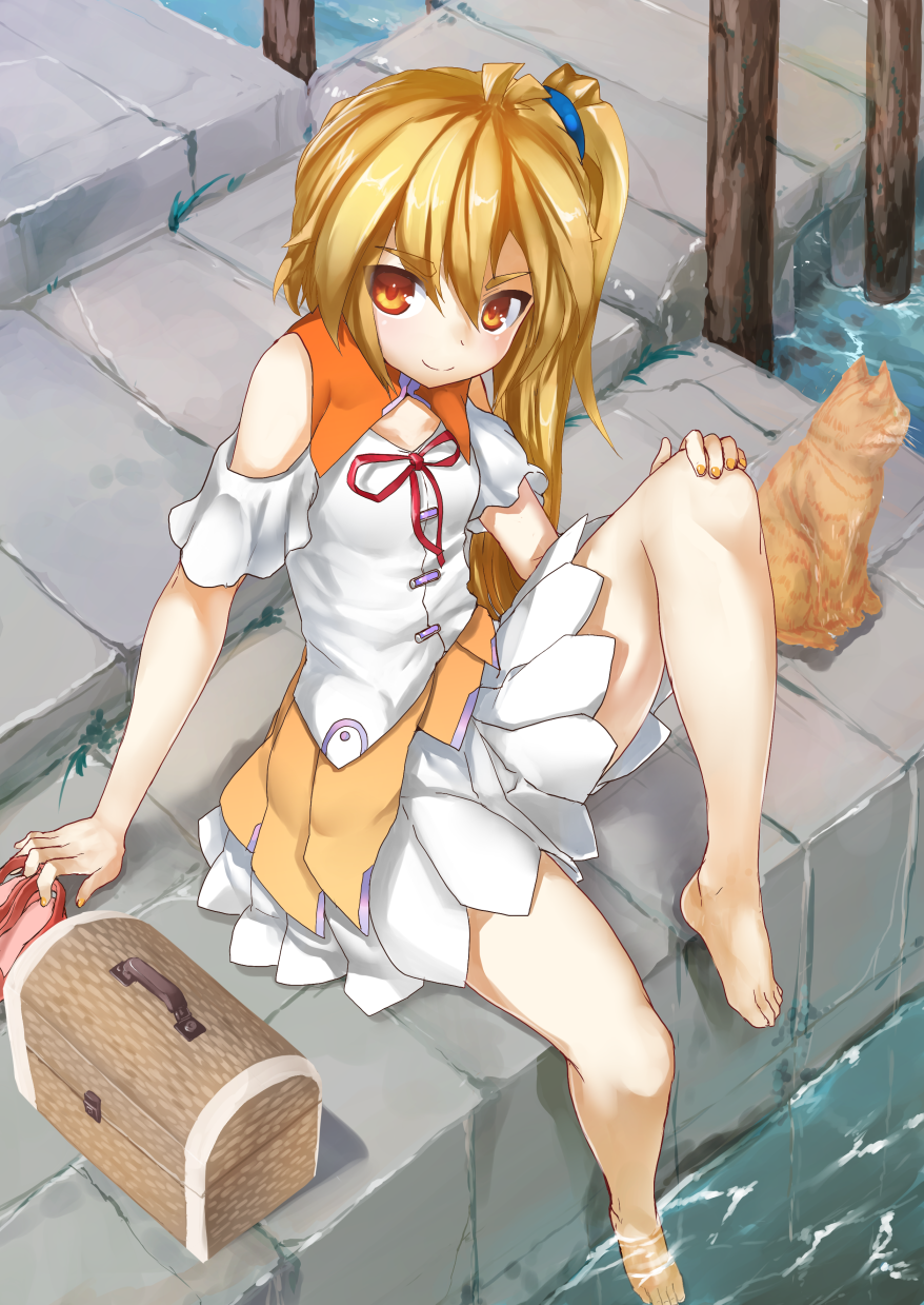 akita_neru barefoot blonde_hair cat detached_sleeves dress hand_on_own_knee highres long_hair looking_at_viewer lunchbox nail_polish orange_eyes shoes_removed side_ponytail sitting smile soaking_feet solo tadano_magu vocaloid water