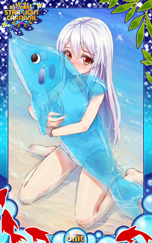 barefoot beach blush fish frame inflatable_dolphin inflatable_toy long_hair omc one-piece_swimsuit school_swimsuit see-through silver_hair sitting solo swimsuit tori@gununu wariza water white_school_swimsuit white_swimsuit