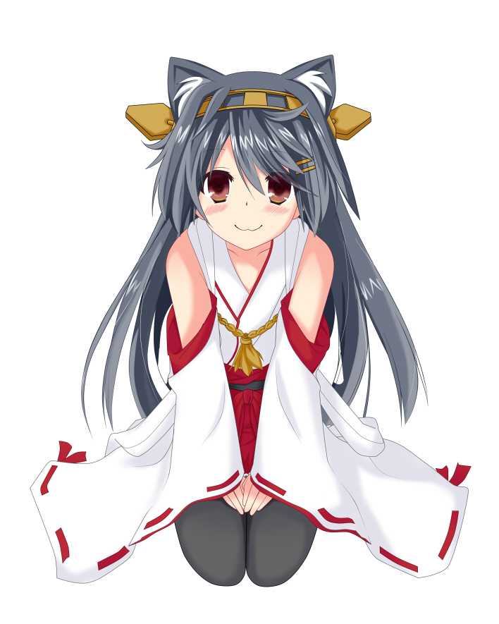 :3 animal_ears bare_shoulders black_hair black_legwear blush brown_eyes cat_ears detached_sleeves hairband haruna_(kantai_collection) japanese_clothes kantai_collection kemonomimi_mode long_hair looking_at_viewer open_mouth ribbon-trimmed_sleeves ribbon_trim seiza simple_background sitting skirt smile solo takanashi_kou thighhighs white_background