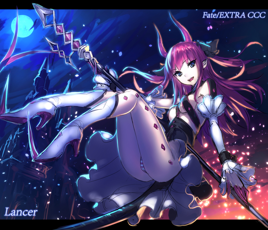 blue_eyes boots detached_sleeves dress elizabeth_bathory_(fate) elizabeth_bathory_(fate)_(all) fate/extra fate/extra_ccc fate_(series) full_moon gloves high_heels horn kogami_akito lance long_hair moon night night_sky panties pink_hair pointy_ears polearm sarkany_csont_landzsa skirt sky solo spear striped striped_panties tail two_side_up underwear weapon