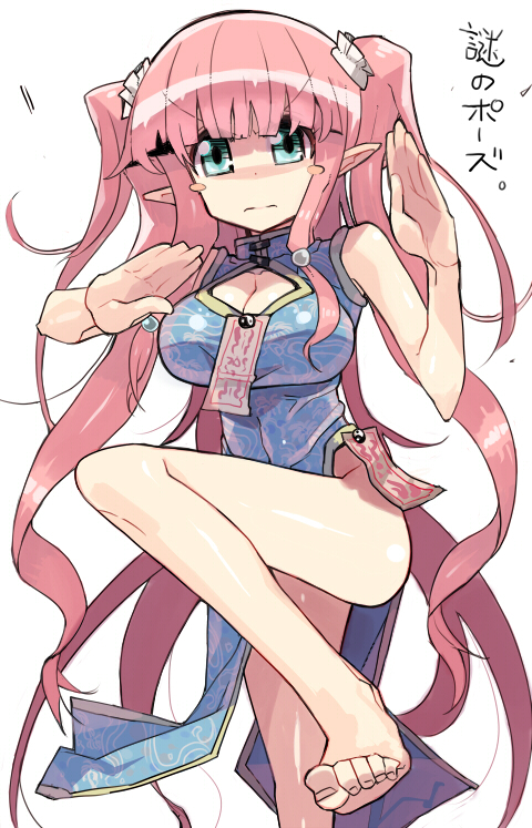 aqua_eyes bad_id bad_pixiv_id bangs bare_shoulders barefoot blue_dress blunt_bangs blush_stickers breasts china_dress chinese_clothes cleavage cleavage_cutout dress large_breasts leg_lift leg_up long_hair original osuman_toruko pink_hair pointy_ears pose solo standing standing_on_one_leg translated twintails very_long_hair white_background yin_yang