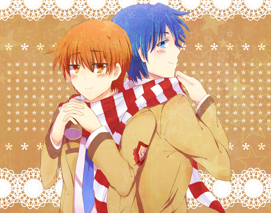 angel_beats! back-to-back blue_eyes blue_hair brown_eyes brown_hair hinata_(angel_beats!) male_focus multiple_boys nishima_(0138ry) otonashi_(angel_beats!) scarf school_uniform shared_scarf shinda_sekai_sensen_uniform