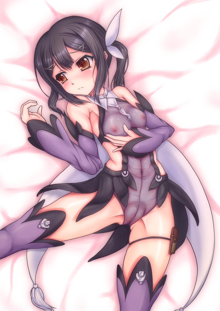 bangs bed_sheet black_hair blush breasts brown_eyes brown_hair cameltoe detached_sleeves fate/kaleid_liner_prisma_illya fate_(series) hair_ornament hair_ribbon hairclip highres holster kishimen long_hair long_sleeves lying magical_girl miyu_edelfelt navel nipples on_back on_bed ribbon see-through sidelocks skindentation small_breasts solo thigh_holster thigh_strap twintails upper_body x_hair_ornament