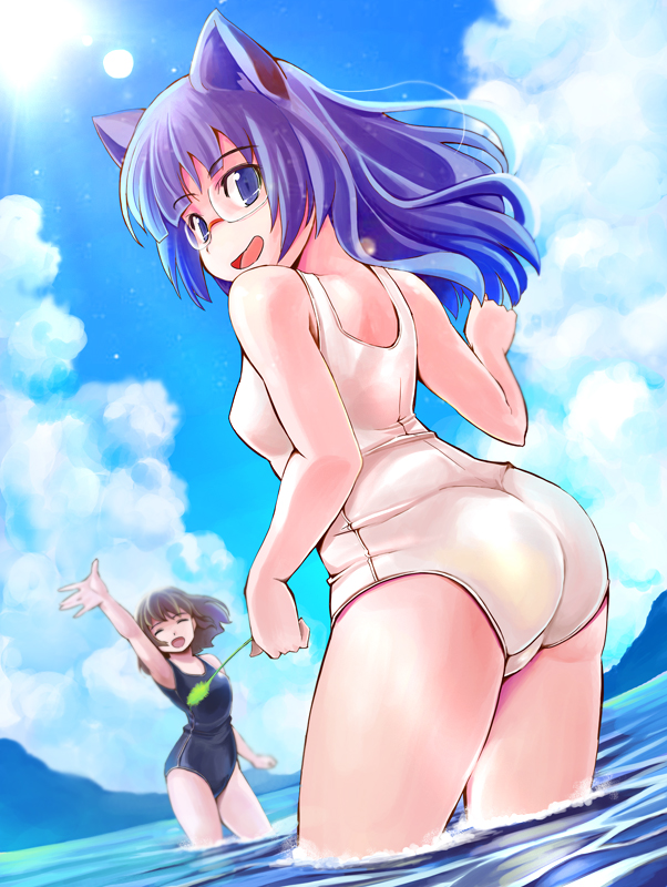 :d ^_^ animal_ears arm_up ass blue_eyes brown_hair cat_ears closed_eyes cloud day glasses kubocha long_hair looking_back multiple_girls one-piece_swimsuit open_mouth original outdoors purple_eyes purple_hair school_swimsuit short_hair sky smile swimsuit wading water white_school_swimsuit white_swimsuit