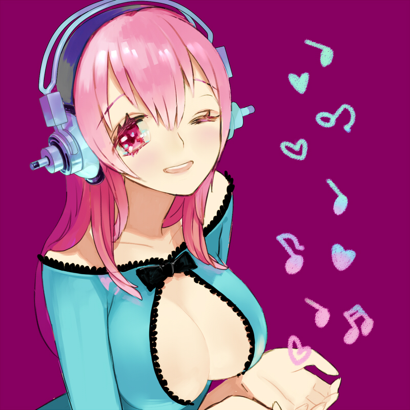 ancotaku bad_id bad_pixiv_id beamed_sixteenth_notes blush bow breasts cleavage cleavage_cutout eighth_note eyelashes hair_between_eyes headphones heart large_breasts long_hair looking_at_viewer musical_note nitroplus one_eye_closed open_mouth pink_eyes pink_hair quarter_note simple_background solo super_sonico upper_body