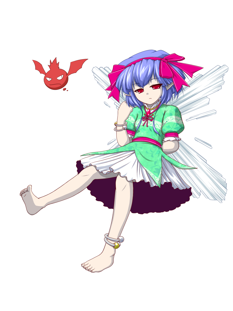 anklet arm_behind_back bare_legs barefoot blue_hair bow choker creature dress elfin_mint frown full_body green_shirt hairband highres jewelry original pale_skin pink_bow print_shirt puffy_sleeves red_eyes shirt short_hair solo teitoku the_last_comer touhou transparent_background wings