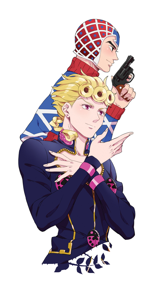 ar_(rikuesuto) black_eyes blonde_hair bug giorno_giovanna guido_mista gun hat insect jojo_no_kimyou_na_bouken ladybug midriff multiple_boys purple_eyes weapon