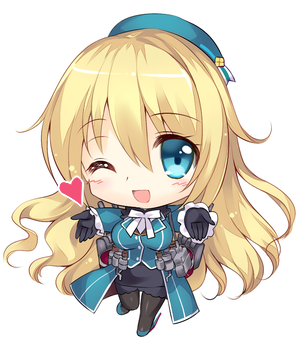 ;d atago_(kantai_collection) beret blonde_hair blue_eyes blue_hat chibi gloves hat heart kantai_collection long_hair lowres one_eye_closed open_mouth pantyhose rei_(rei's_room) skirt smile solo